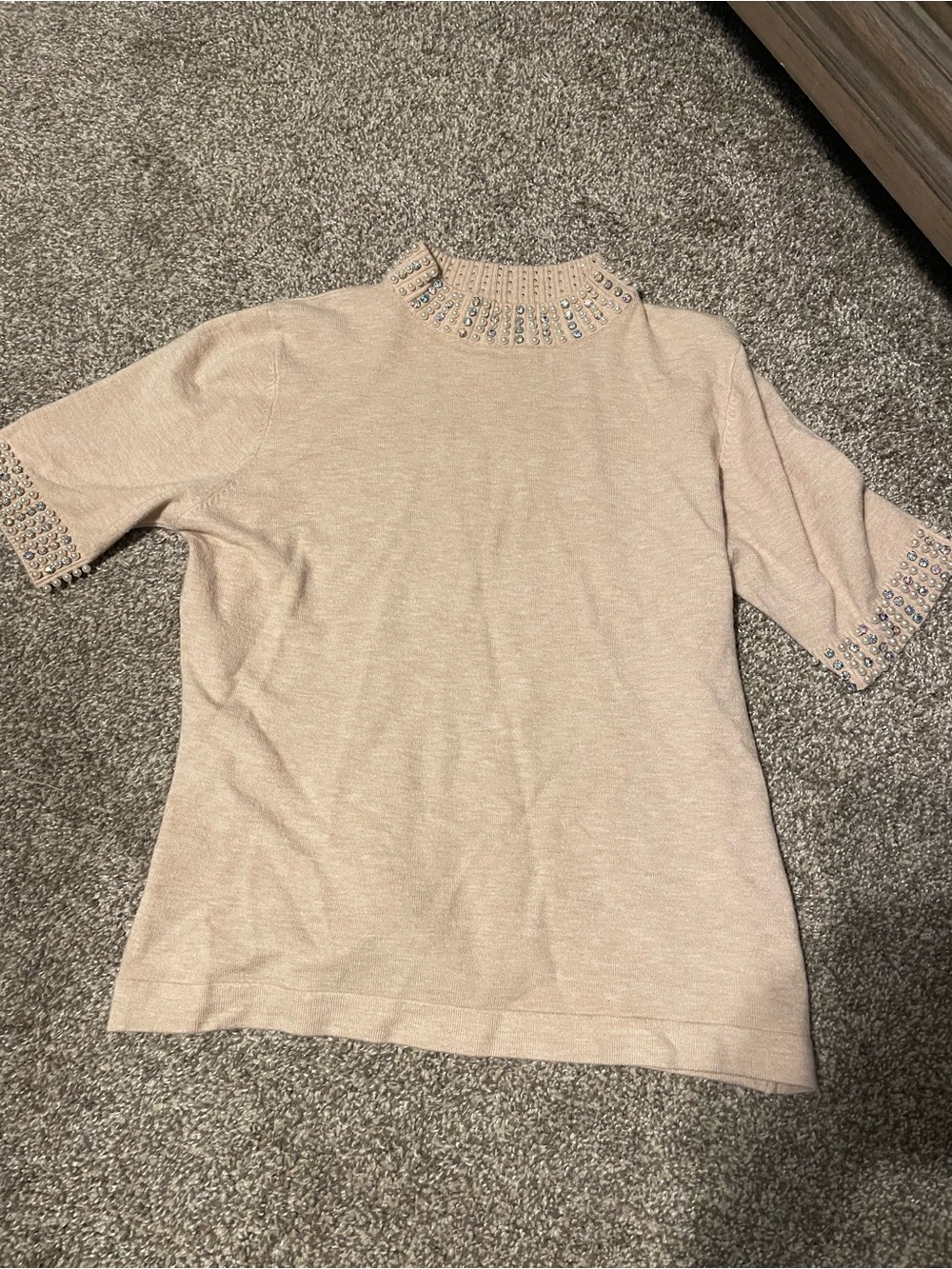 Beige Embellished Mock Neck Women's Top